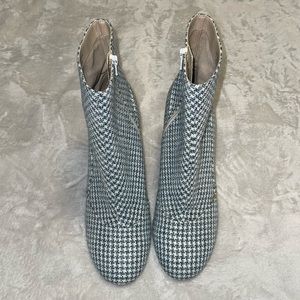 ASOS round toe white and blue chunky heel boot